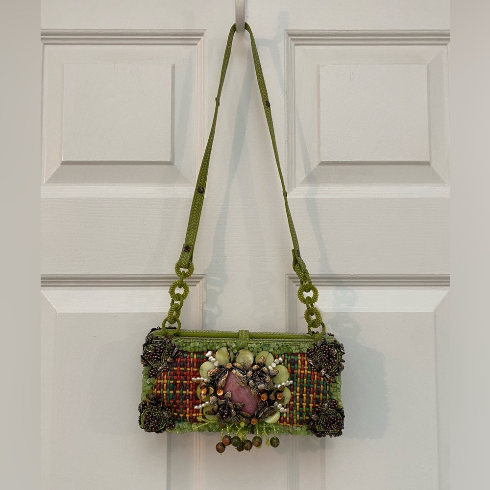 NWT! Mary Frances Green Beaded Bejeweled Collectible Floral & Plaid Shoulder Bag